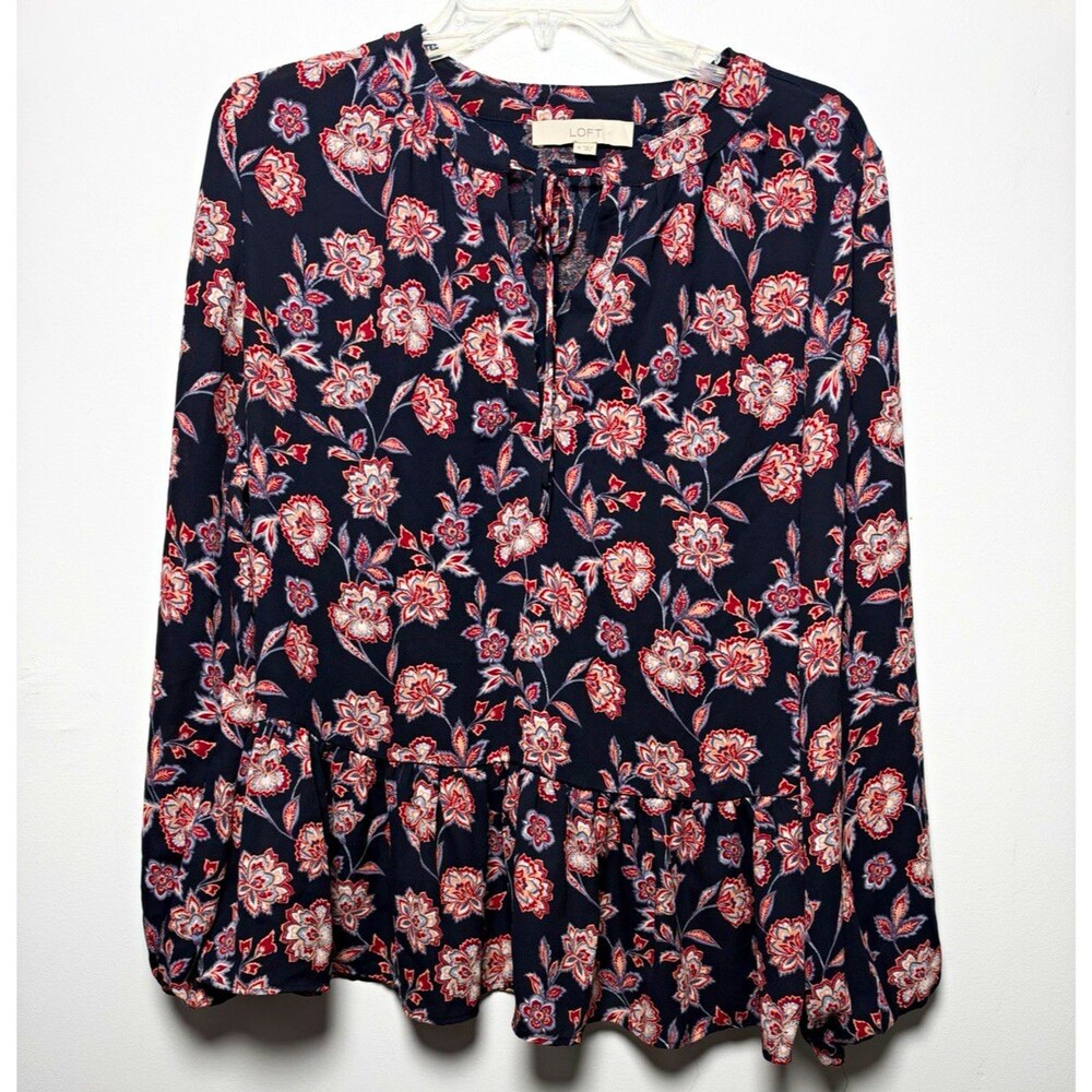 LOFT Women M Navy Floral Woven Rayon Long Slv Tie Neck Peplum Ruffle Blouse